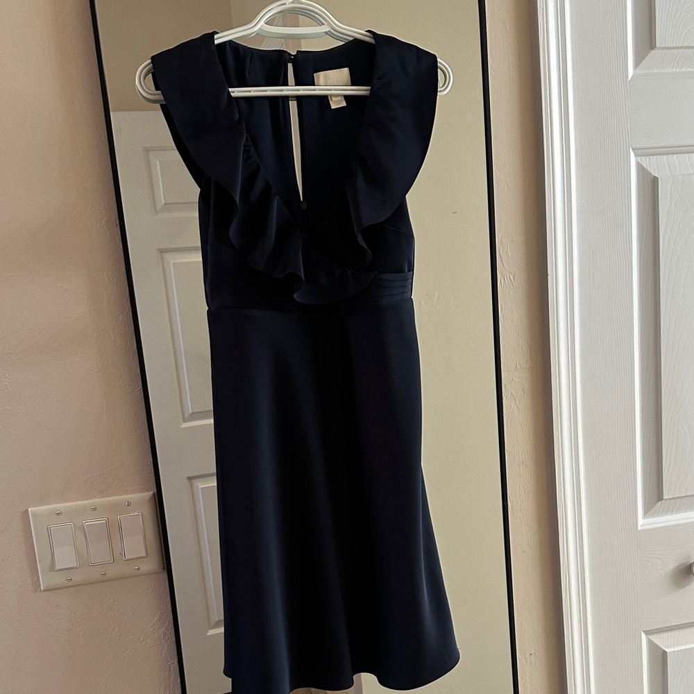 Navy Blue Satin Ruffle Dress
